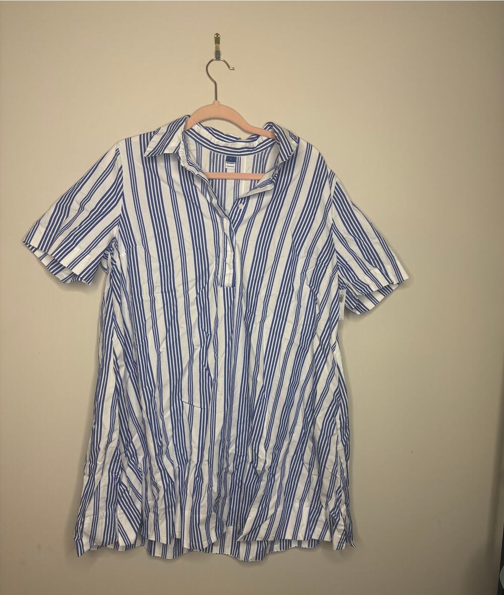 Old Navy White Blue Striped Cotton Short Sleeve Swing Shirt Dress Size XL NWT